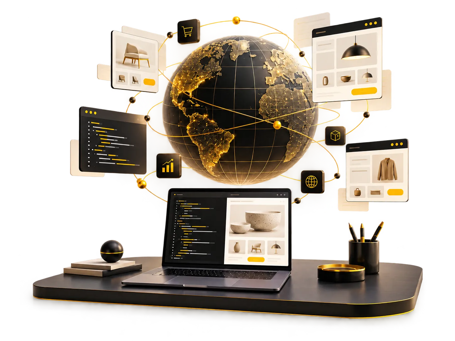 A digital globe connected to website storefronts and a coding workspace