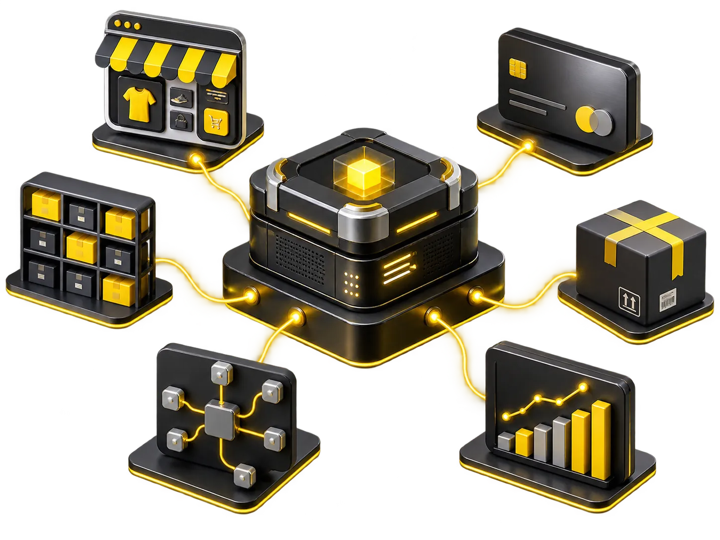 A connected commerce engine linking storefront, payments, inventory, shipping, APIs, and analytics