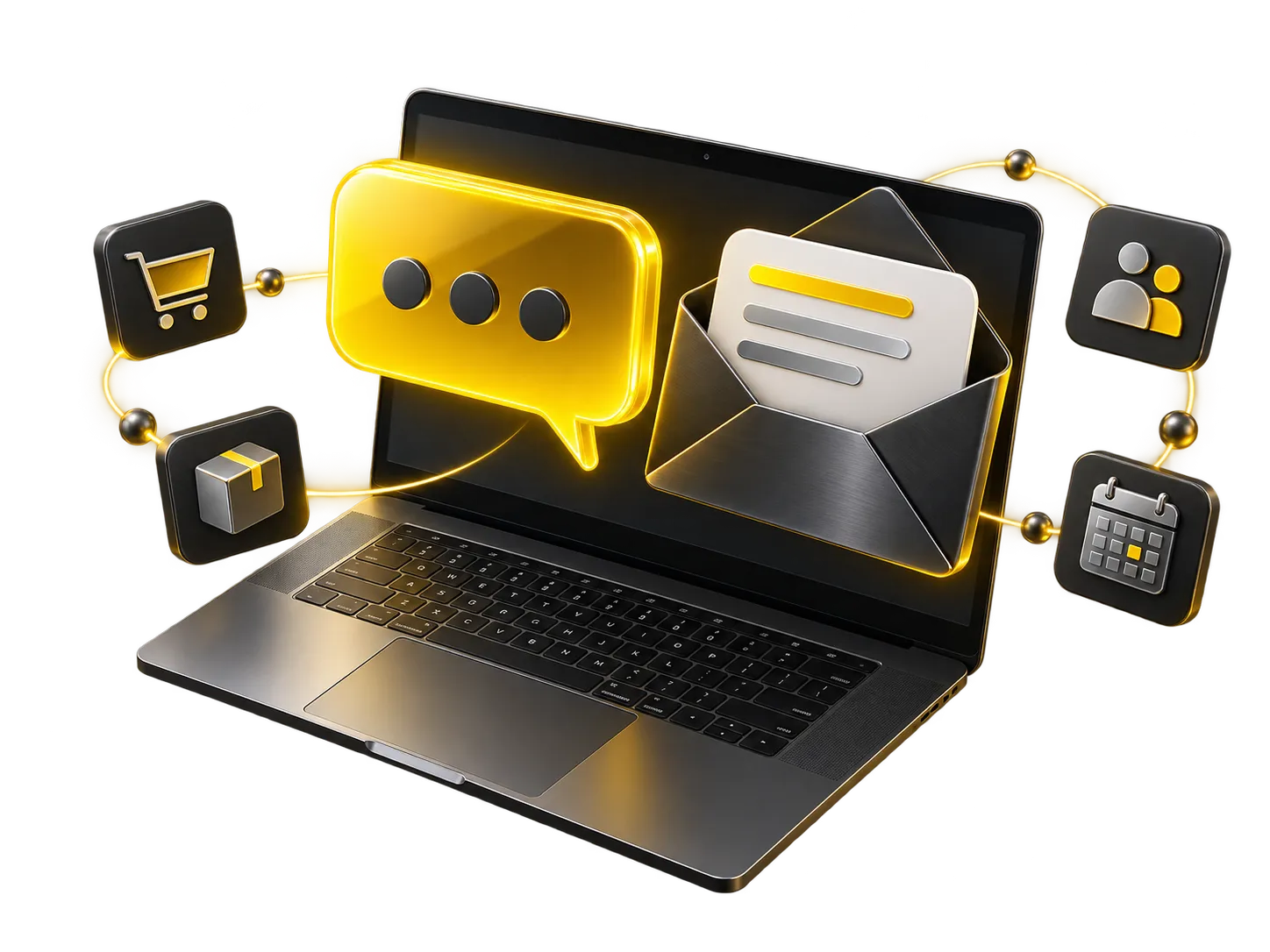 A laptop with a message bubble and enquiry envelope
