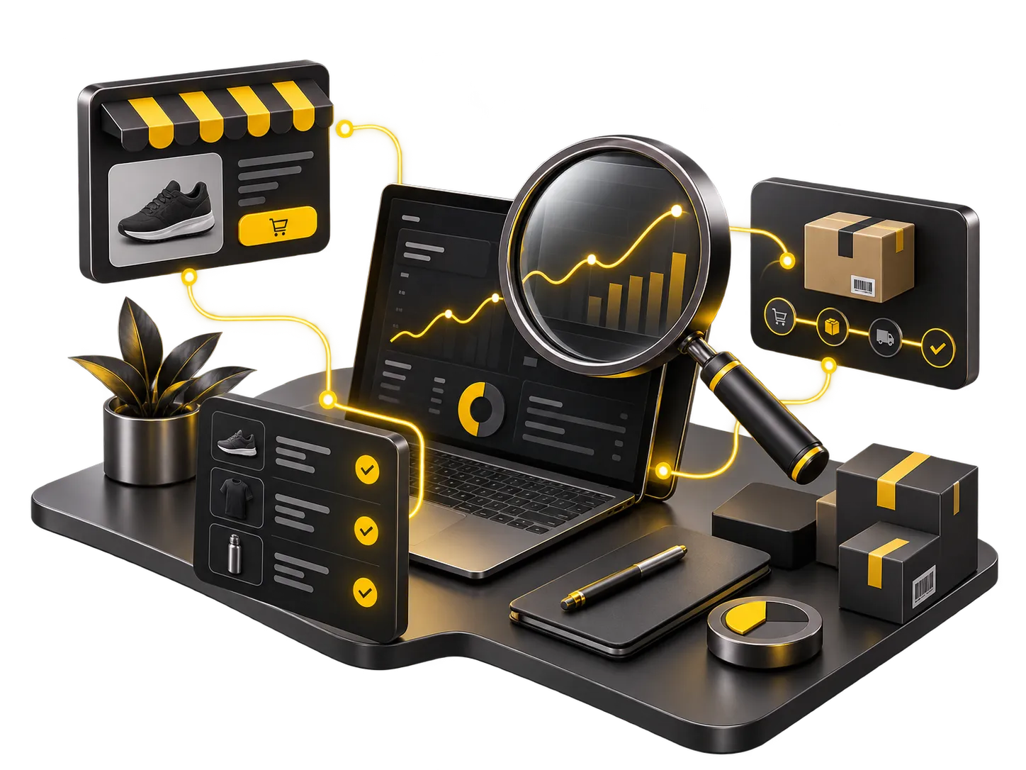 A magnifying glass examining commerce analytics and fulfillment workflows